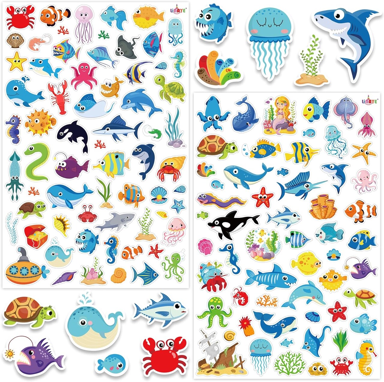 1480PCS Ocean Stickers for Kids, 24 Sheets, Vinyl, Waterproof Under The Sea Fish Animal Stickers